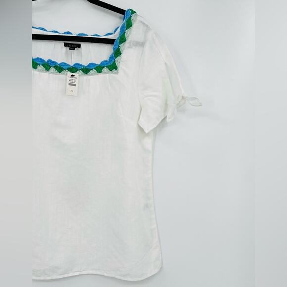 🆕 NWT Talbots Crochet Trim Linen Top Blouse Square Neck Bow Tie Sleeve Medium - Picture 13 of 16